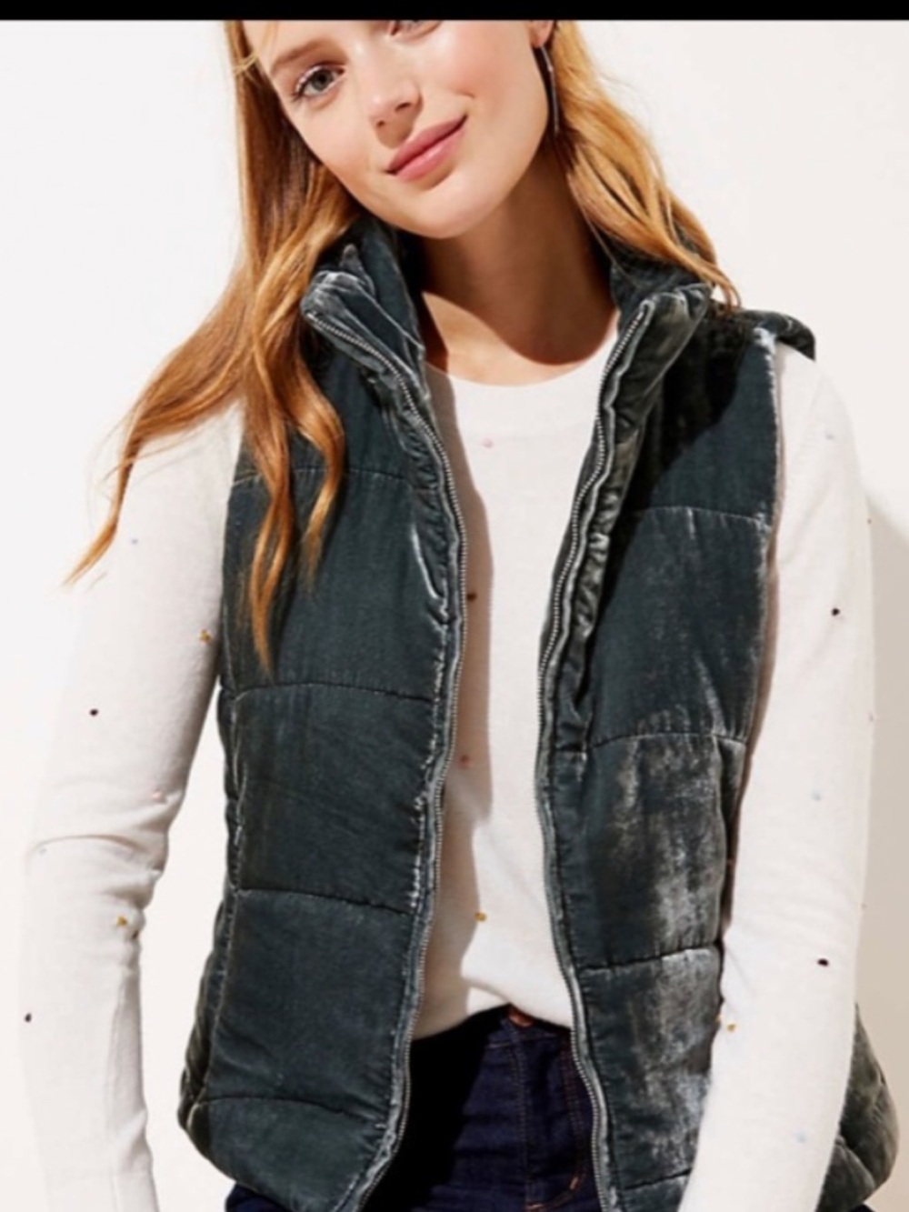 LOFT Velvet Puffer Vest Women’s M Dark Green Charcoal Quilted Full Zip